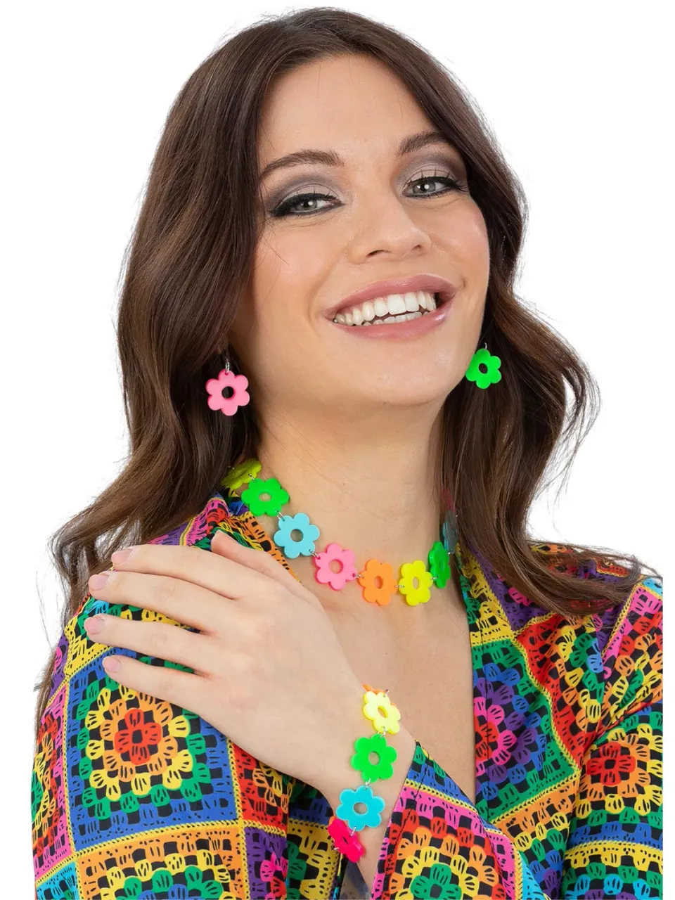 Smiffys Flower Power set gioielli neon hippie floreale