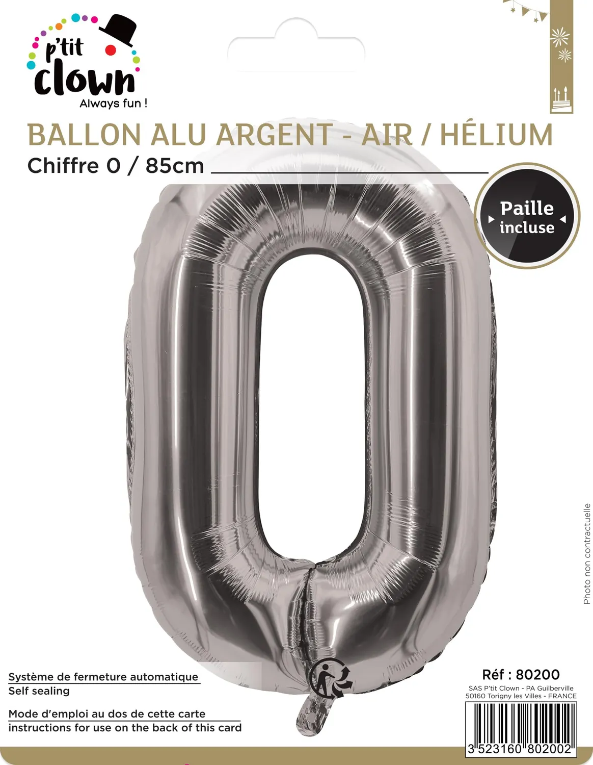 P'tit Clown re80200 palloncino numero 0 argento 85 cm