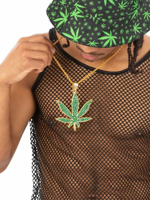 Smiffys 90s Hemp Bling collana verde foglia oro