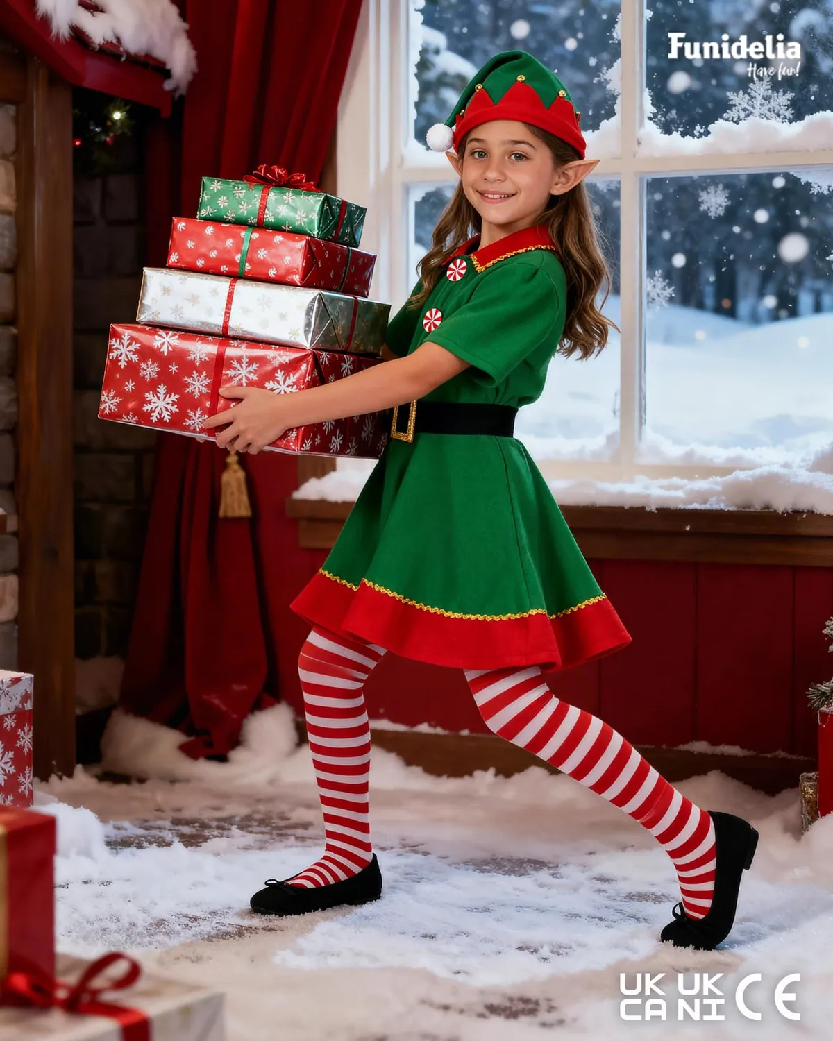 Funidelia Elfo collant bambina a righe rosso bianco Natale