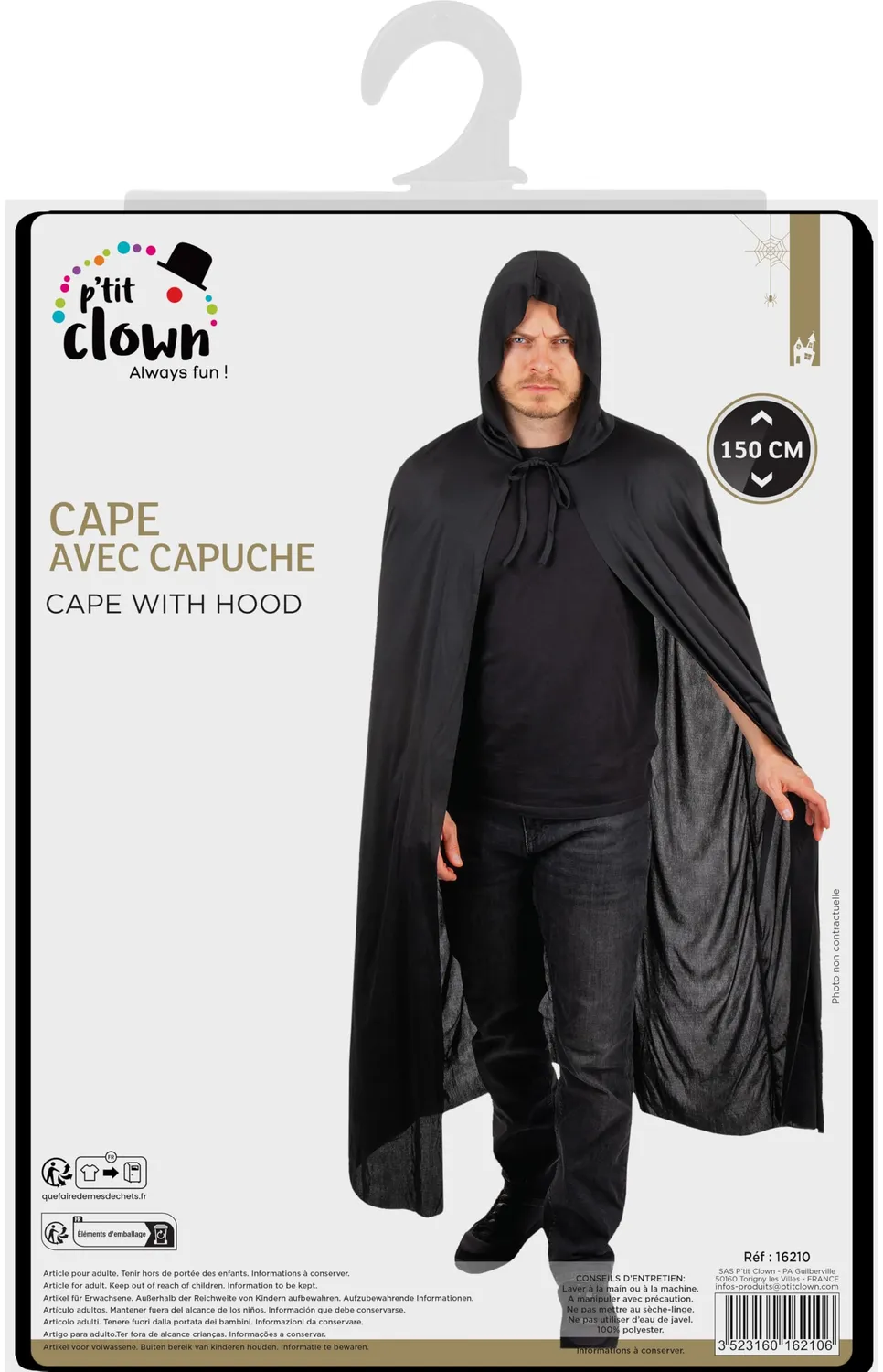 P'tit Clown 16210 mantella nera con cappuccio 150 cm