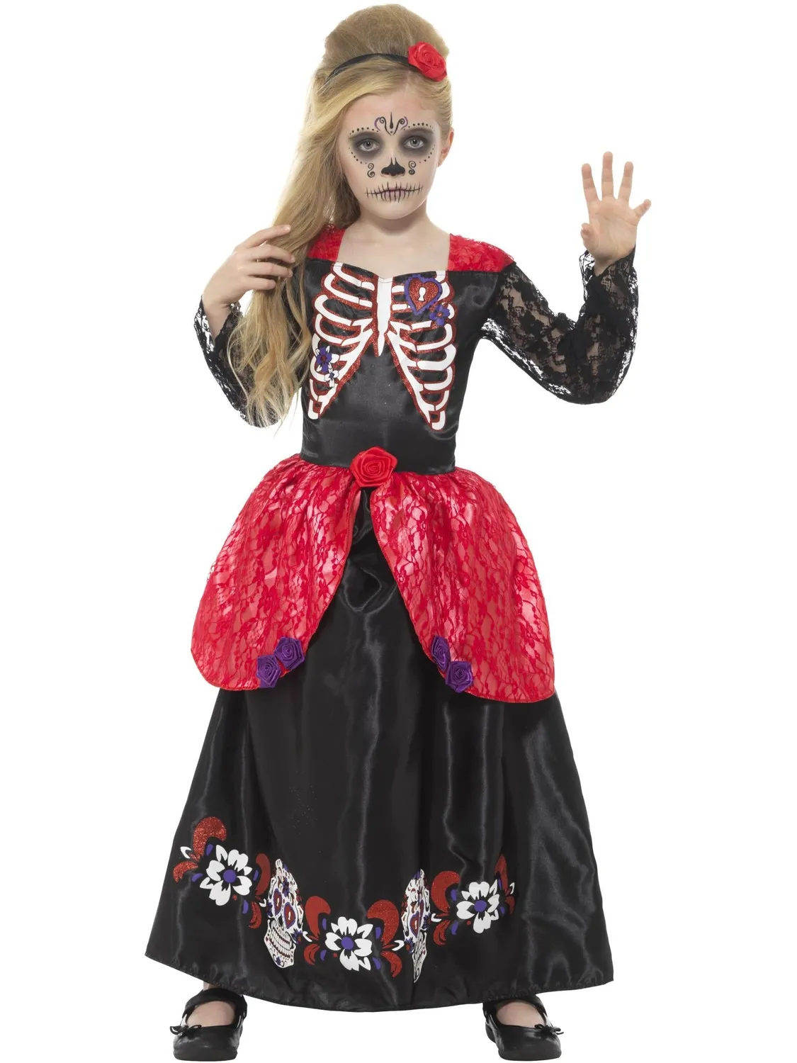 Smiffys Day of the Dead costume bambina 7-9 anni nero