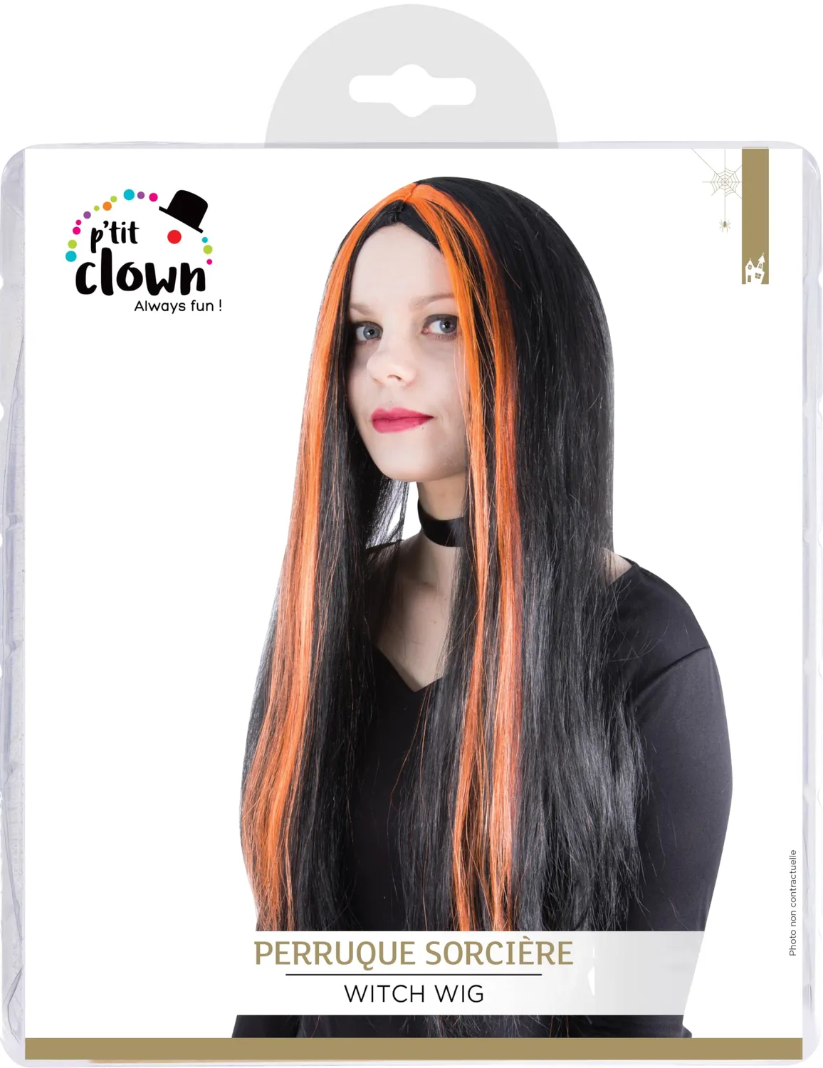 P'tit Clown 11502 parrucca strega lunga nero arancione adulto