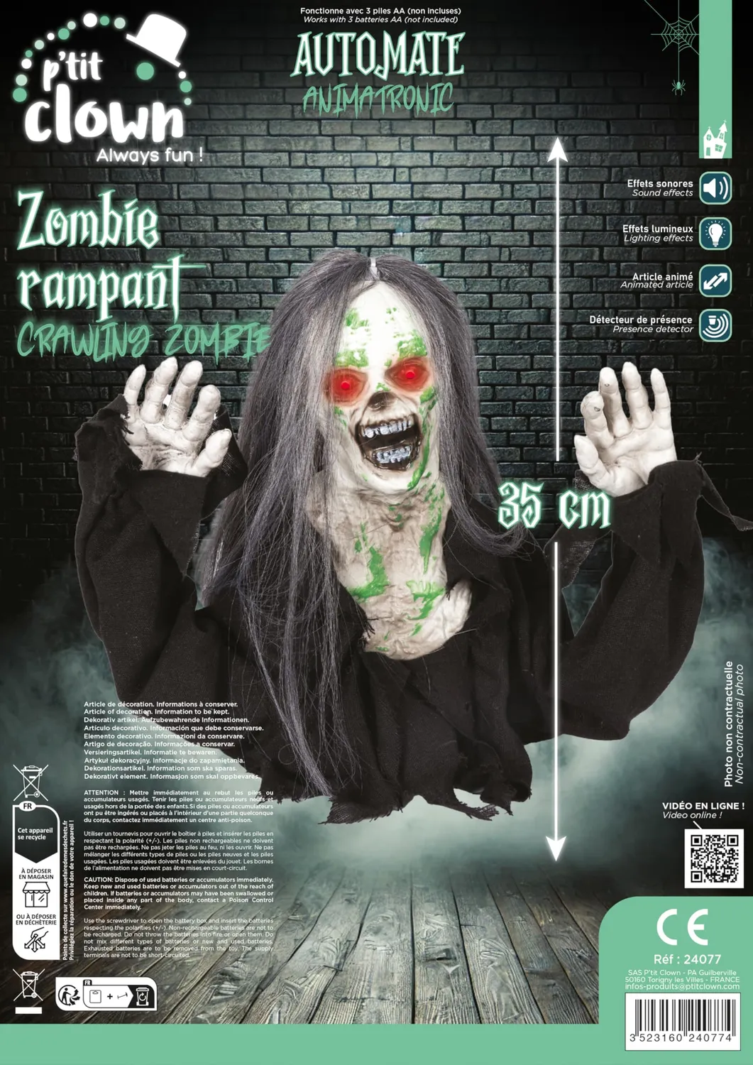 P'tit Clown 24077 zombie animatronic strisciante 35 cm sonoro