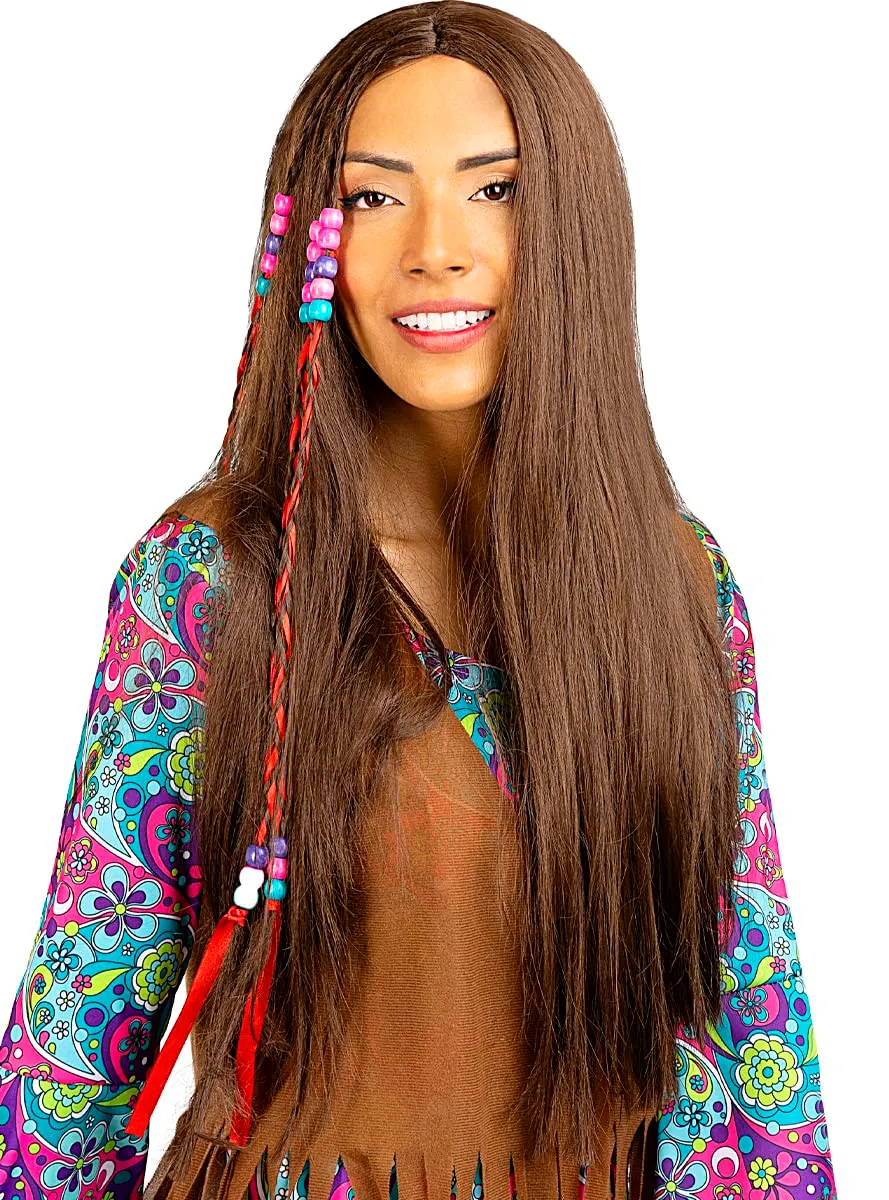Funidelia Anni 60 Hippy parrucca castana unisex lunga