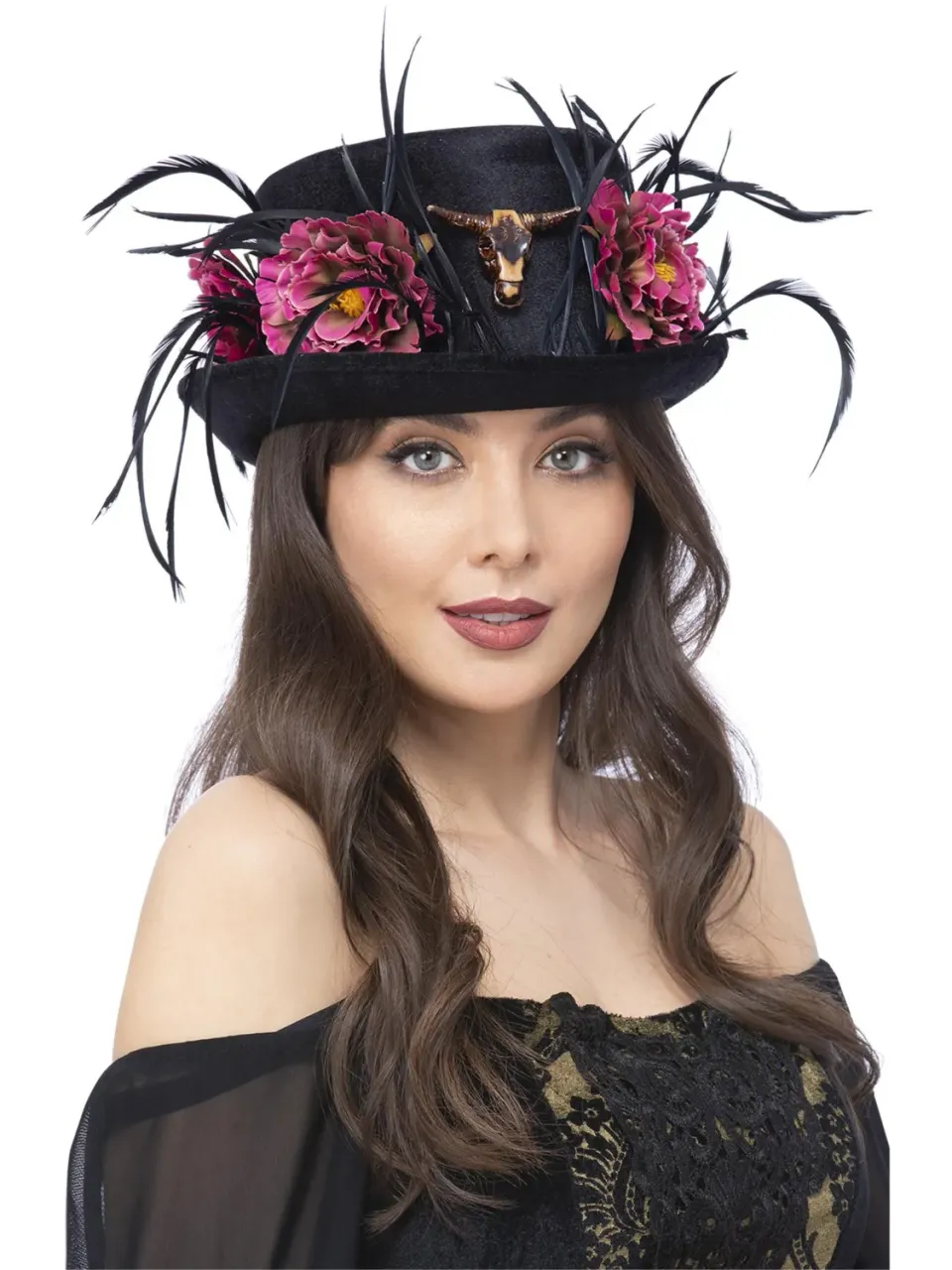 Smiffys Floral Horn cilindro donna nero con fiori rosa