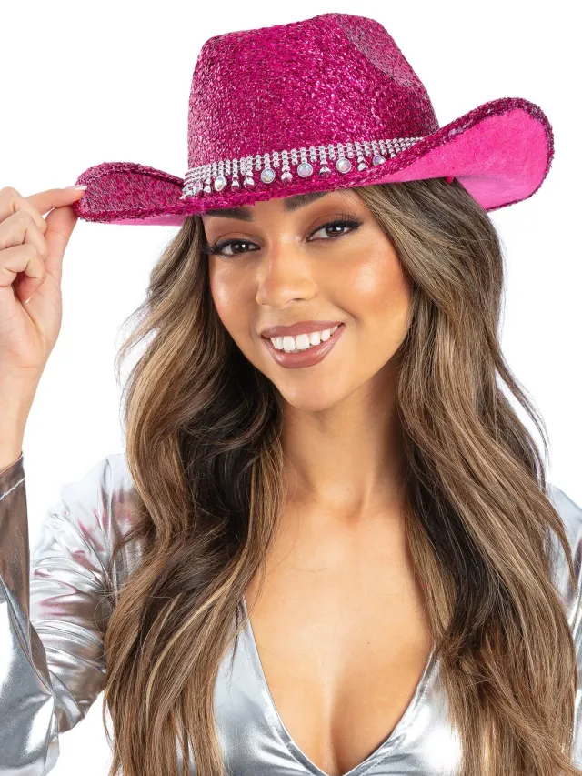 Smiffys Bling cappello cowboy rosa con strass argento