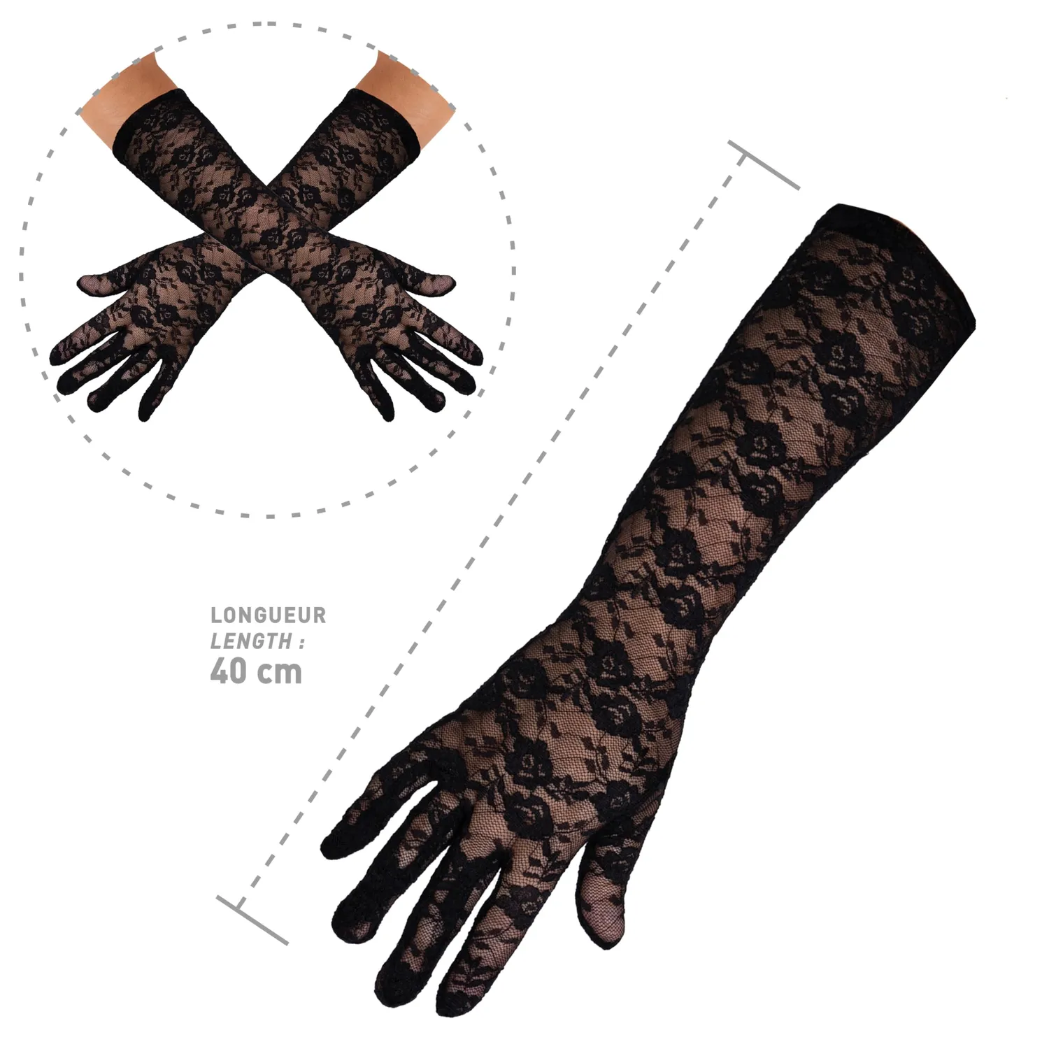 P'tit Clown guanti lunghi pizzo nero 56 cm accessorio