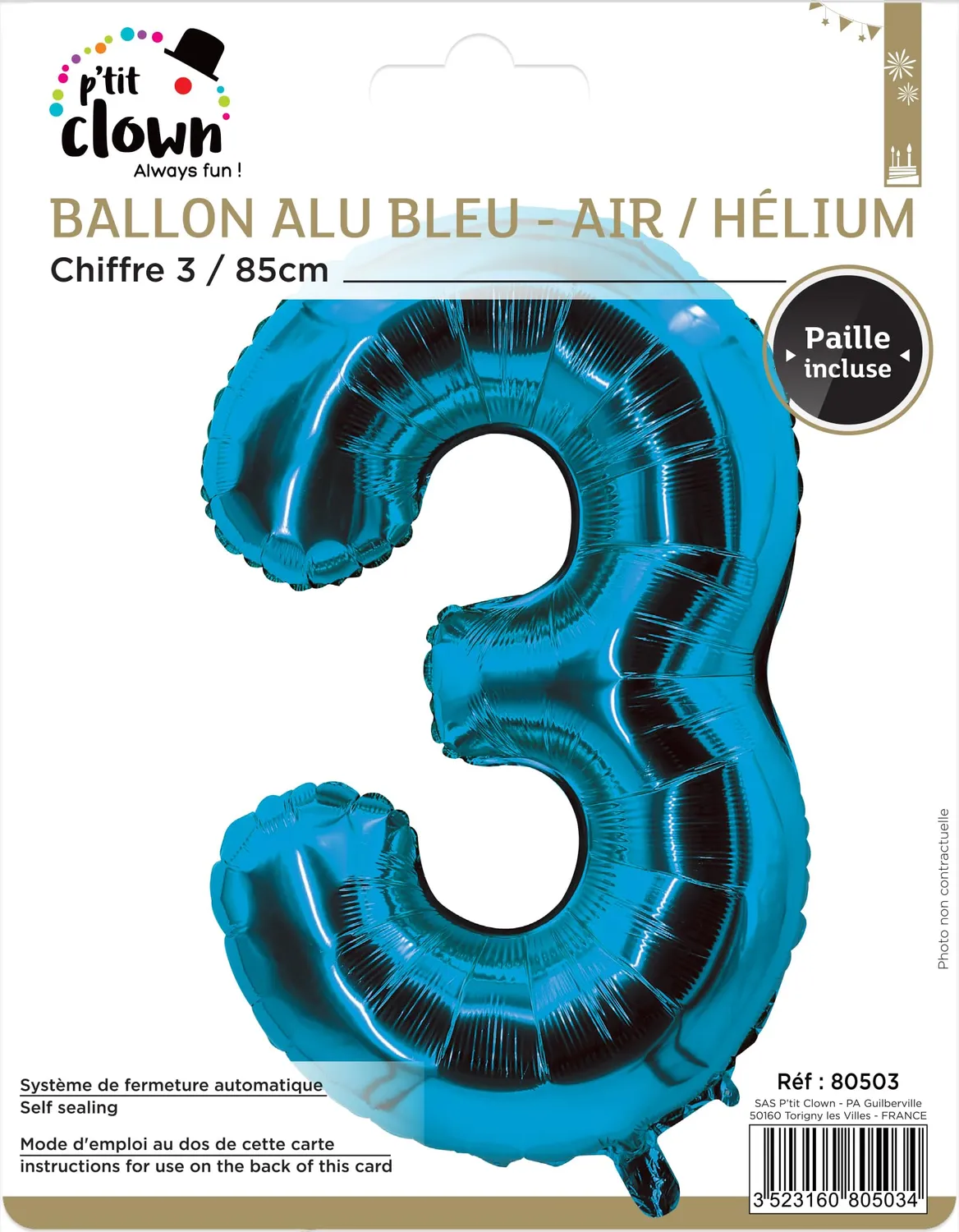 P'tit Clown re80503 palloncino numero 3 blu 85 cm