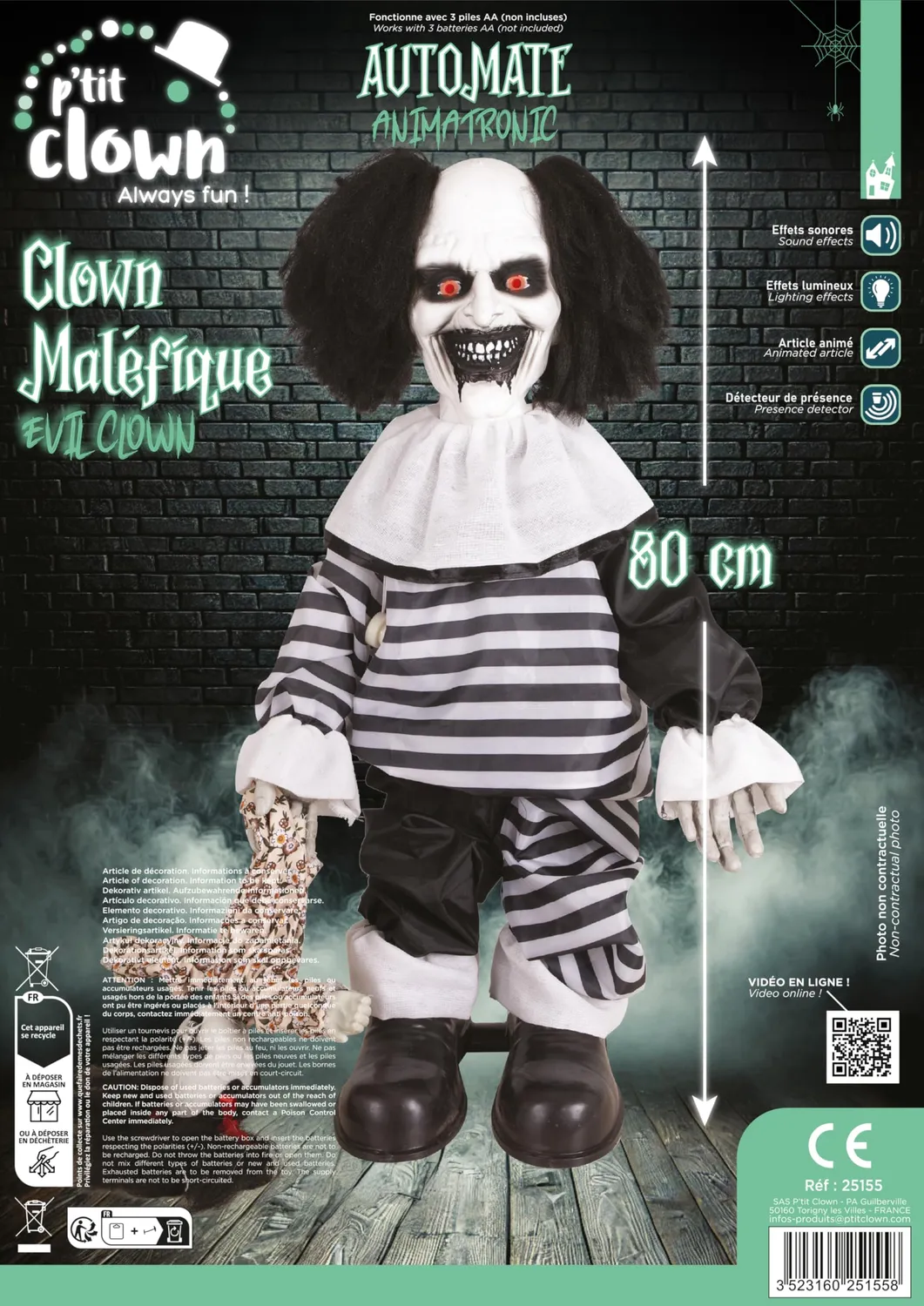 P'tit Clown Clown Malefico Animatronic 80 cm Nero Bianco