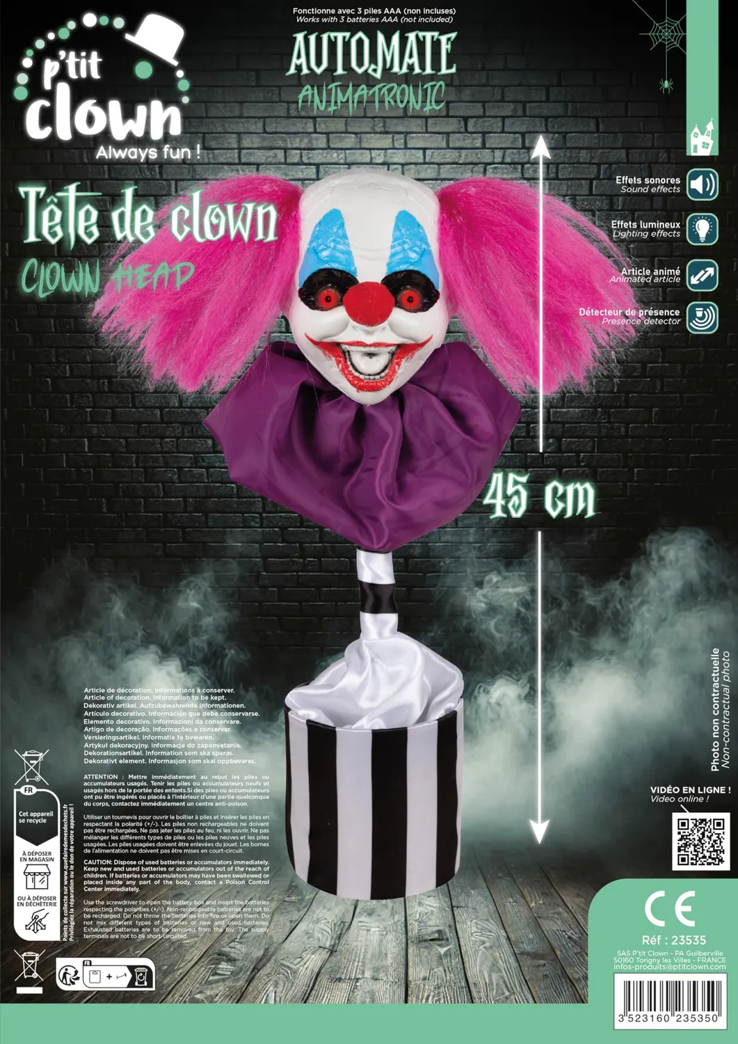 P'tit Clown 23535 testa clown animata sonora luminosa 45cm