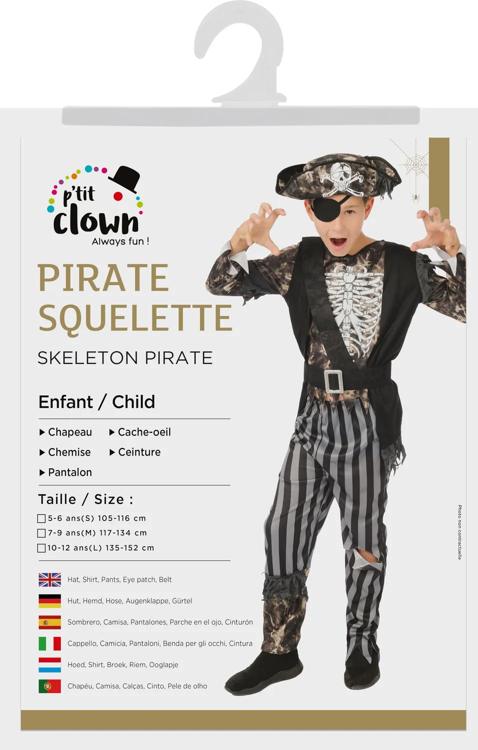P'tit Clown costume pirata scheletro bambino con cappello