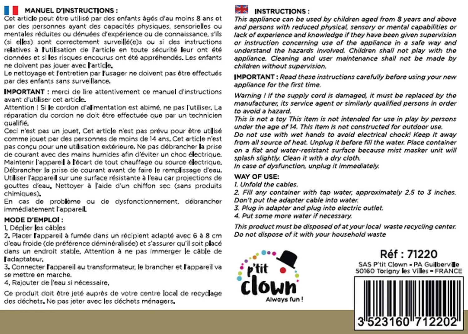 P'tit Clown 71220 generatore nebbia luminoso vapore
