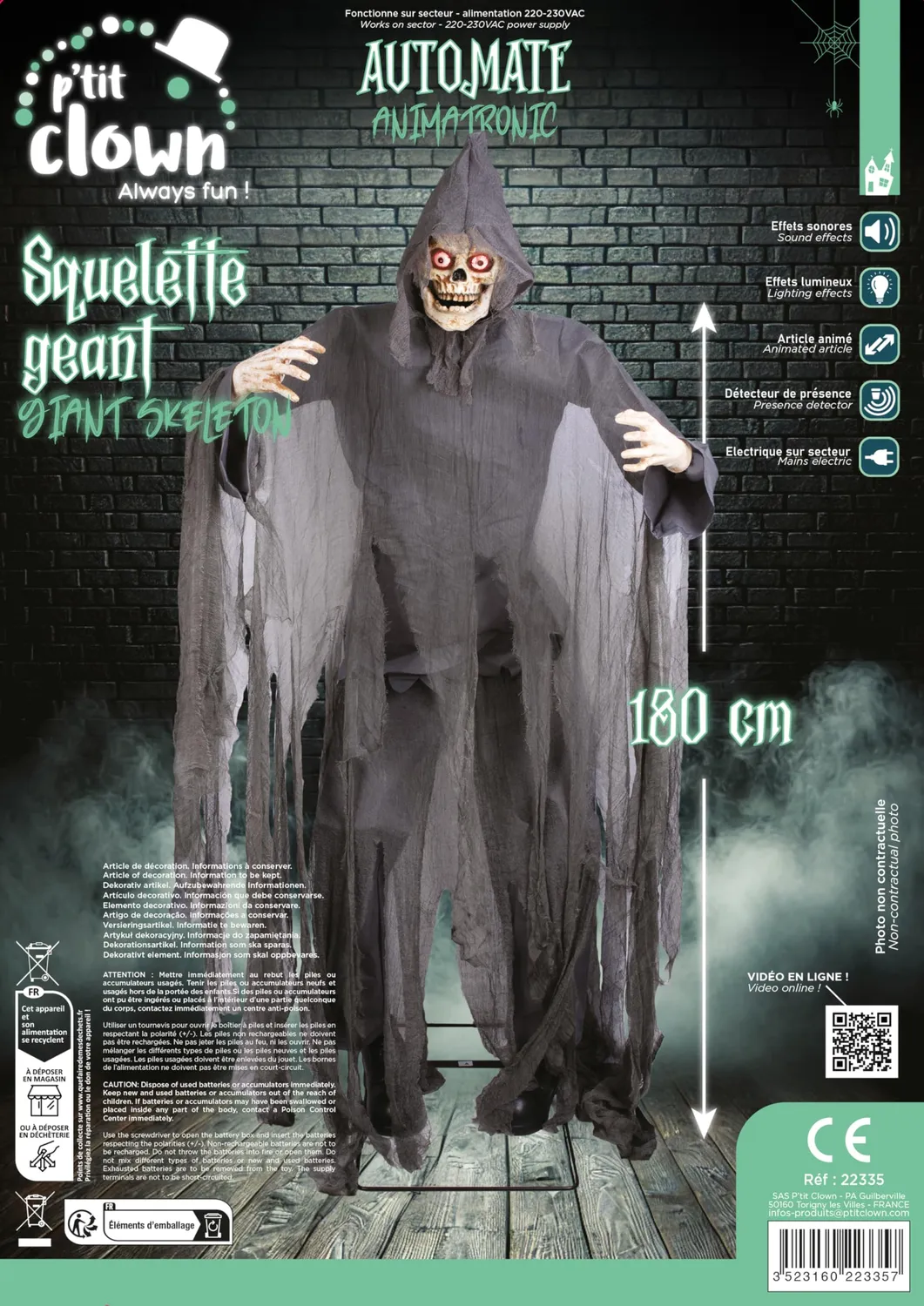 P'tit Clown scheletro gigante animato sonoro 180 cm luminoso