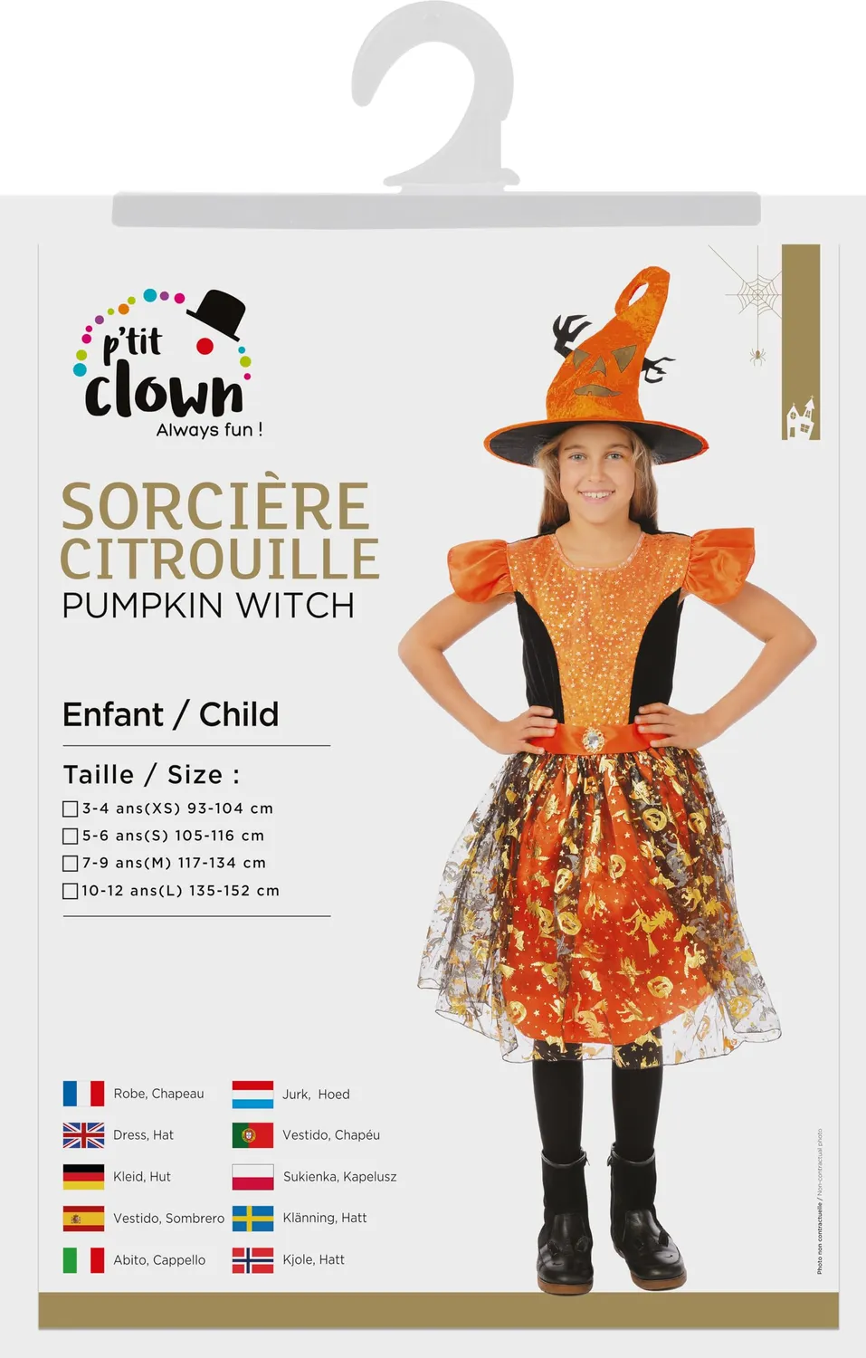 P'tit Clown costume strega bambina oro con cappello