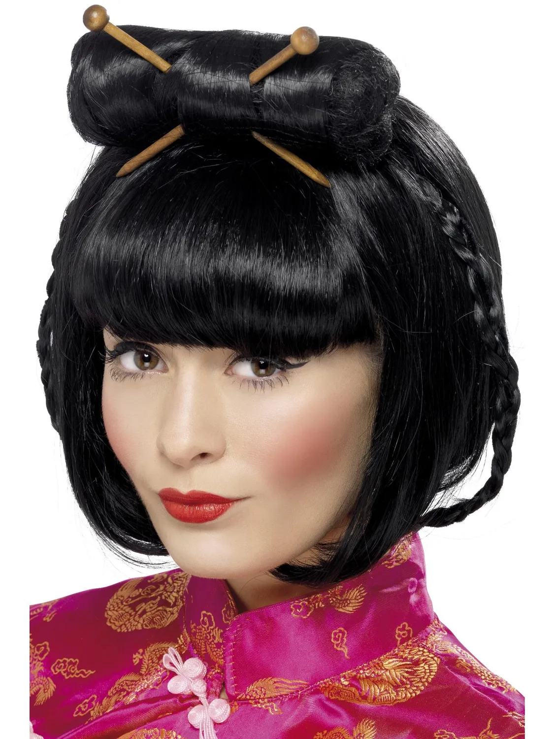 Smiffys Oriental Lady parrucca nera geisha con bacchette